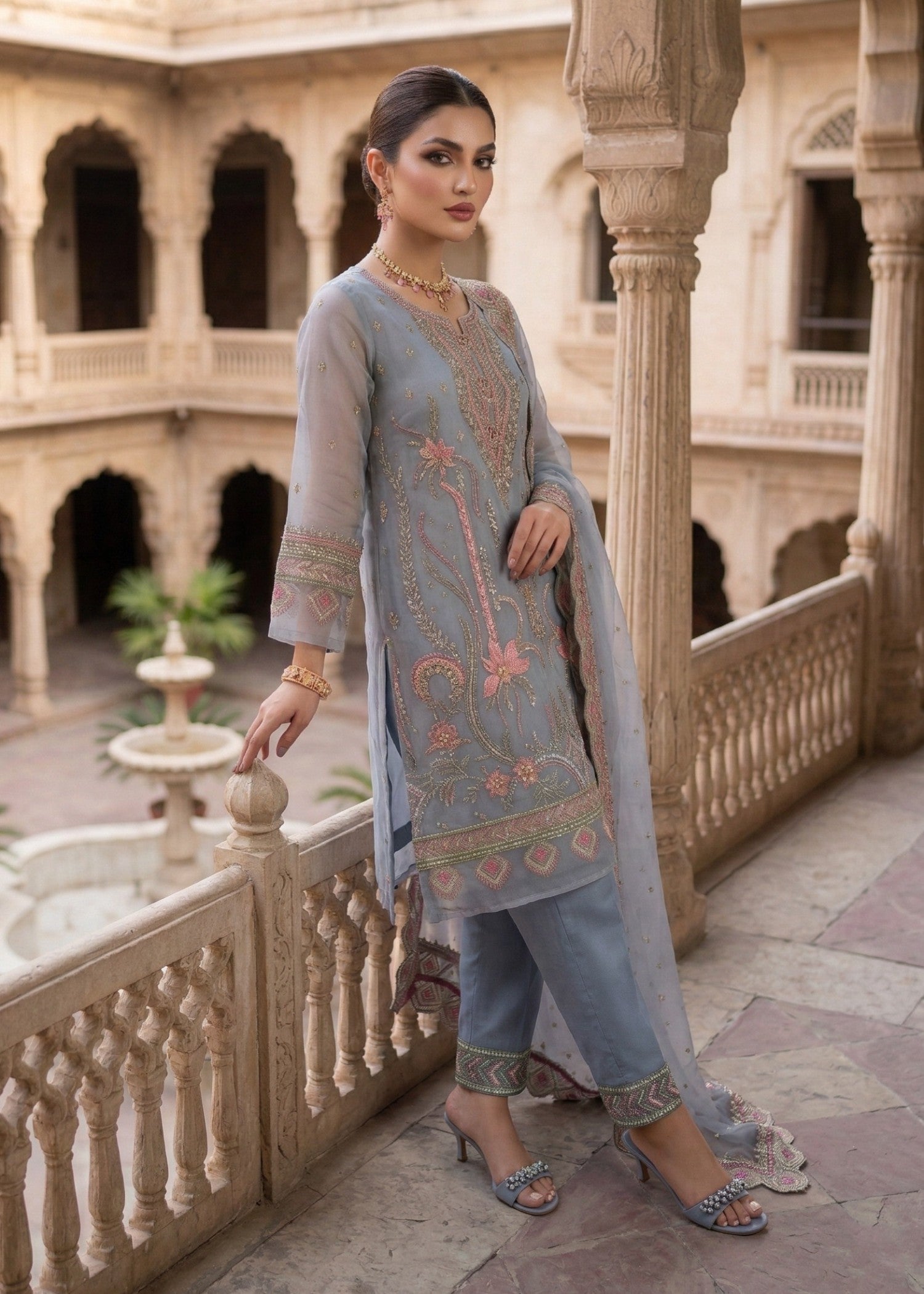 Pakistani Designer Duck Egg Grey Organza Suit Online in KSA Riyadh Saudi Arabia Oman Bahrain Qatar