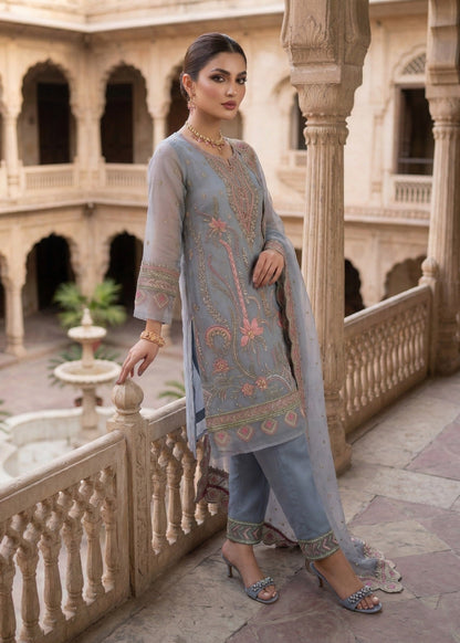 Pakistani Designer Duck Egg Grey Organza Suit Online in KSA Riyadh Saudi Arabia Oman Bahrain Qatar
