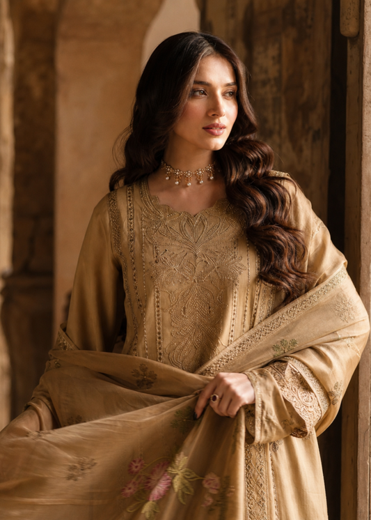 Pakistani Designer Earth Brown Lawn Suit Online in KSA Riyadh Saudi Arabia Oman Bahrain Qatar