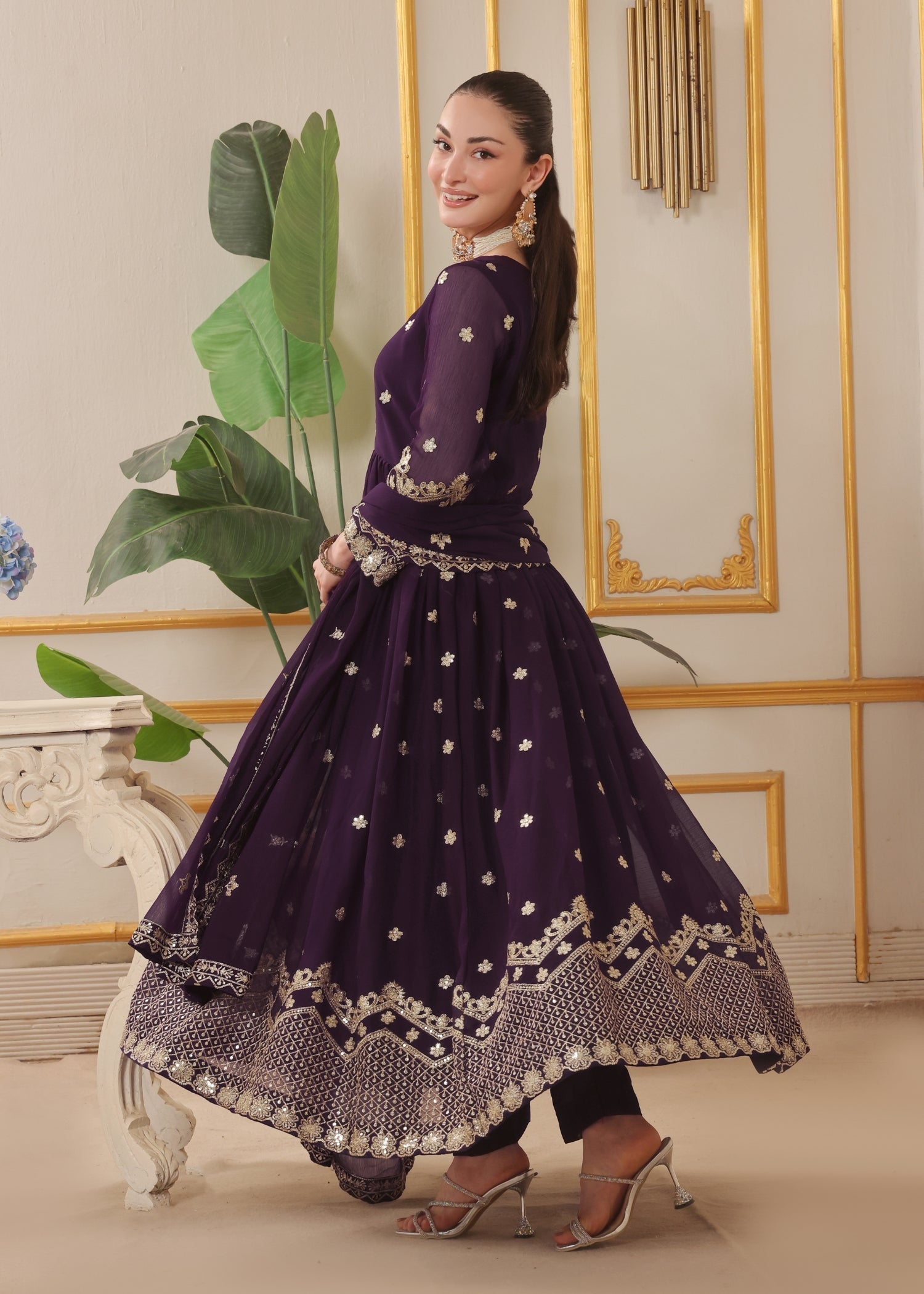 Pakistani Designer Egg Plant Chiffon Salwar Kameez Online in KSA Riyadh Saudi Arabia Oman Bahrain Qatar