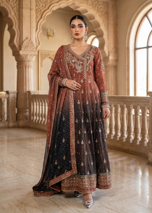 Pakistani Designer Embroidered Chiffon Maxi Suit Online in KSA Riyadh Saudi Arabia Oman Bahrain Qatar