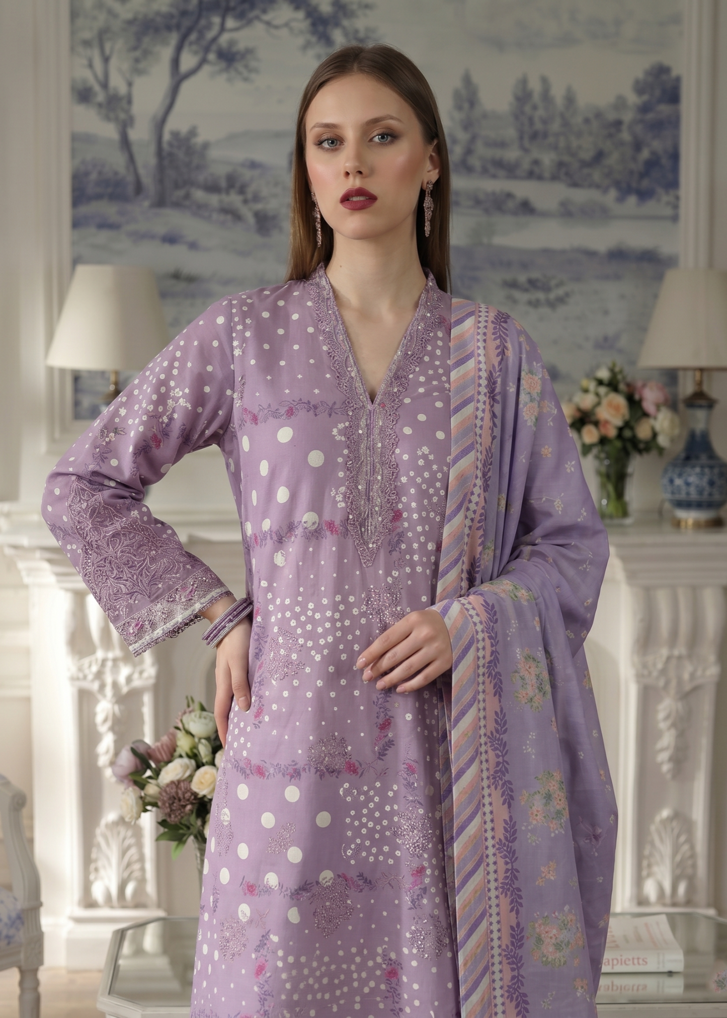 Pakistani Designer Embroidered Lawn Suit Purple Ash Online in KSA Riyadh Saudi Arabia Oman Bahrain Qatar