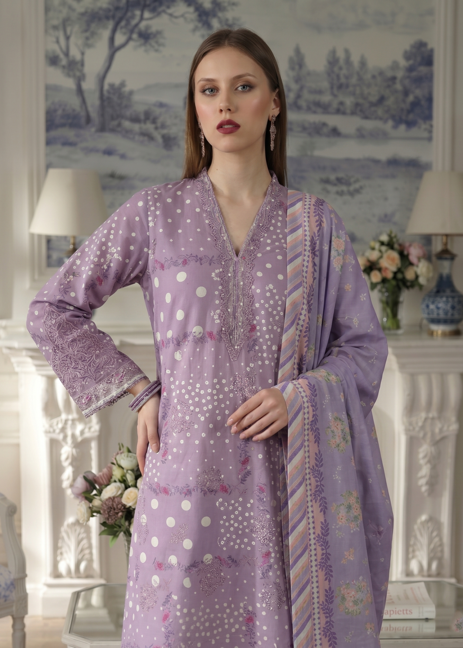 Pakistani Designer Embroidered Lawn Suit Purple Ash Online in KSA Riyadh Saudi Arabia Oman Bahrain Qatar
