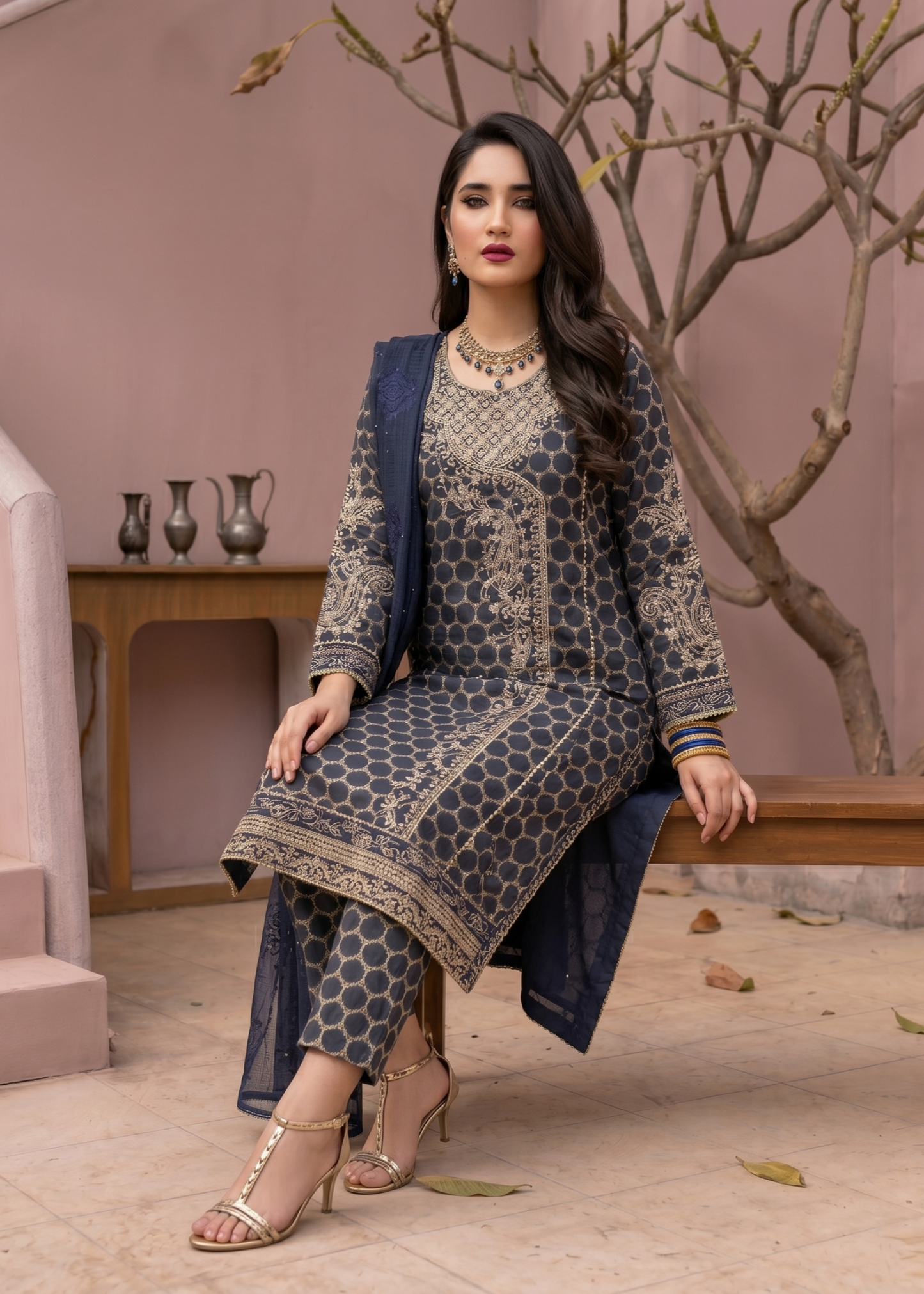 Pakistani Designer Embroidered Navy Blue Jacquard Suit Online in KSA Riyadh Saudi Arabia Oman Bahrain Qatar