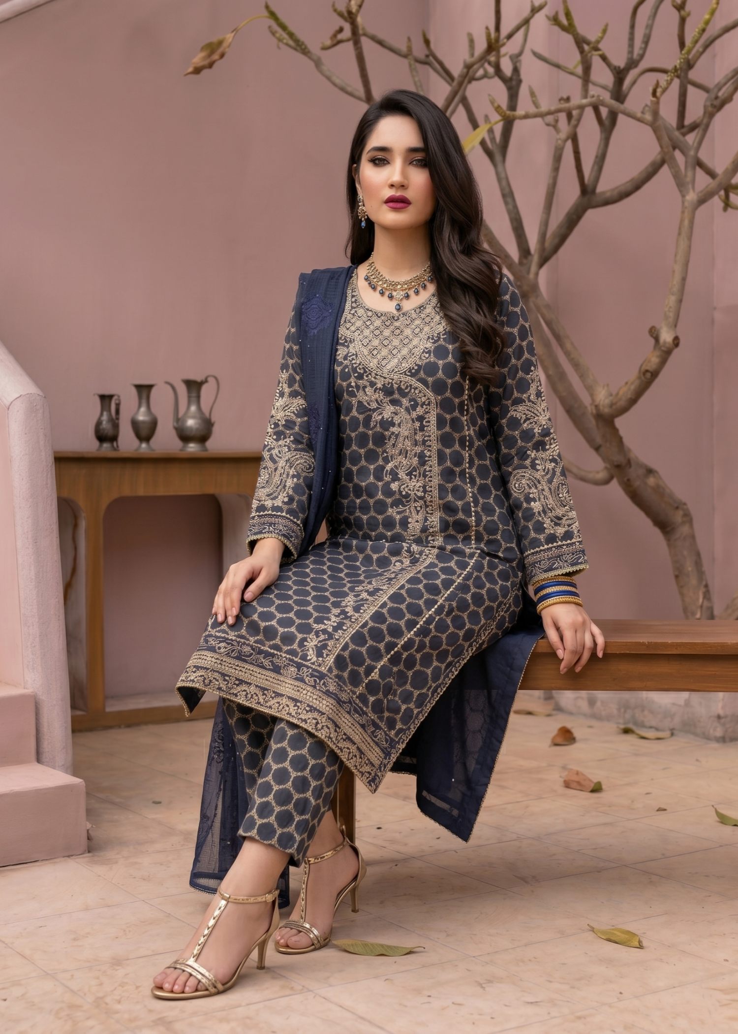 Pakistani Designer Embroidered Navy Blue Jacquard Suit Online in KSA Riyadh Saudi Arabia Oman Bahrain Qatar