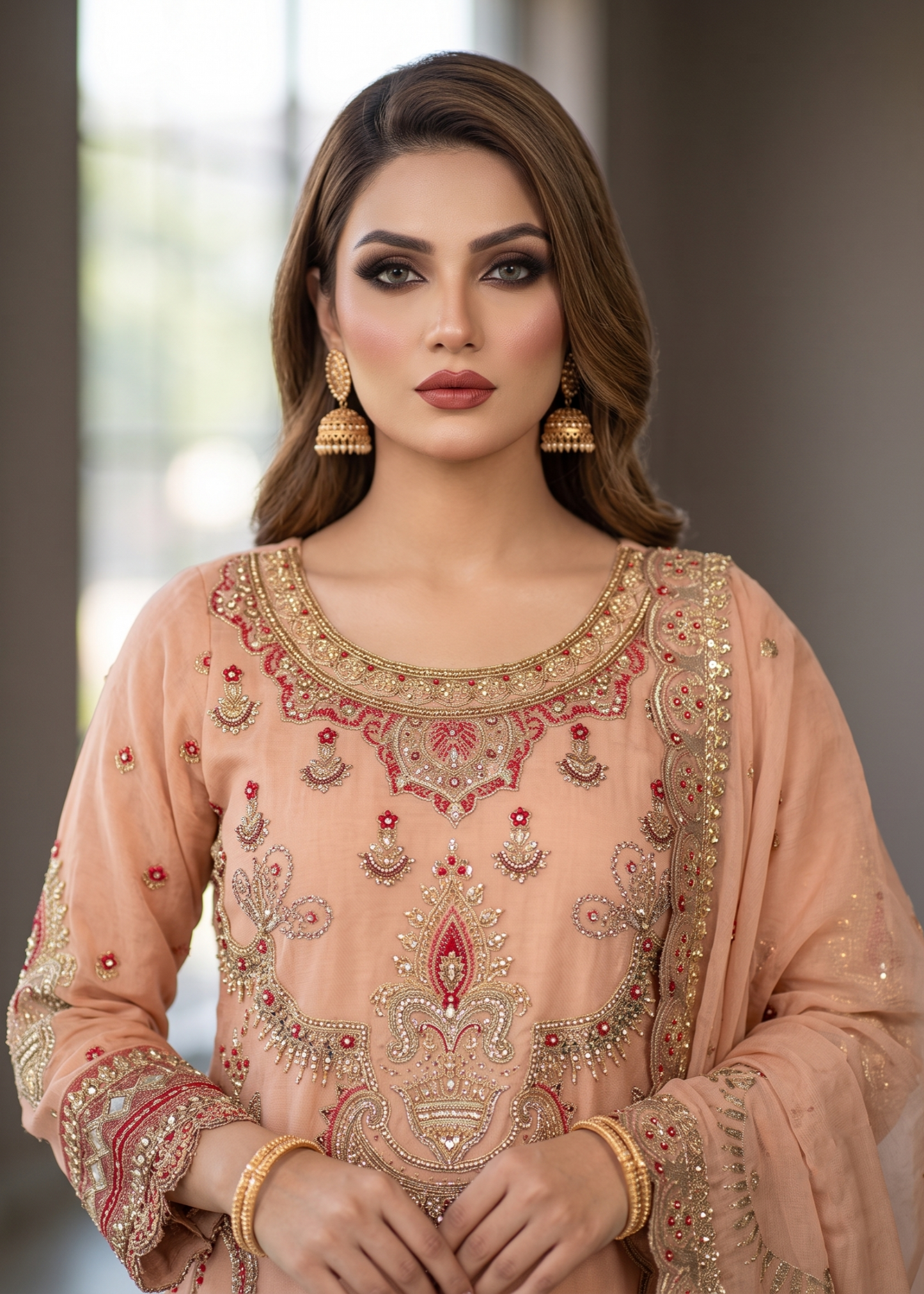 Pakistani Designer Embroidered Peach Sharara Online in KSA Riyadh Saudi Arabia Oman Bahrain Qatar