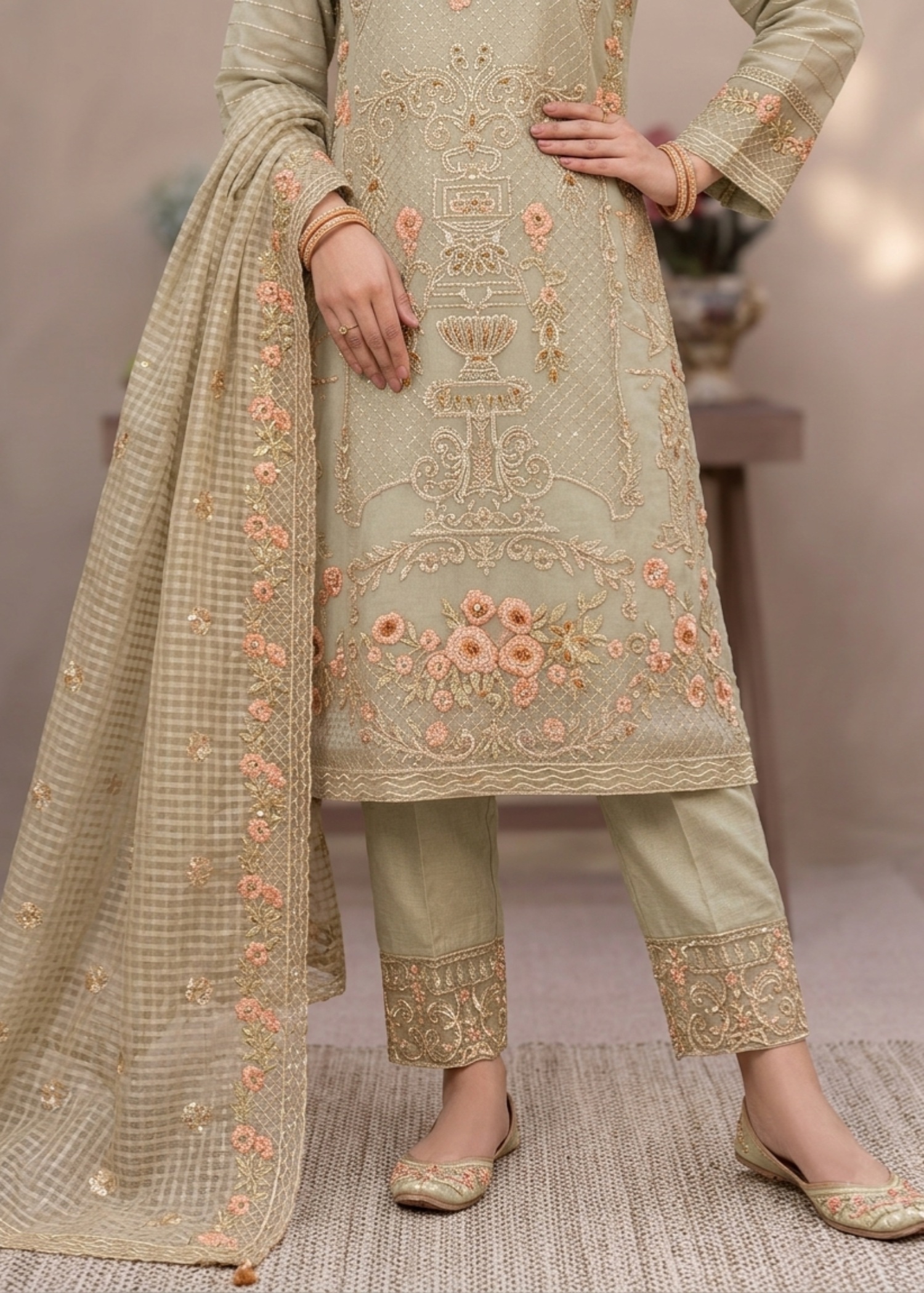 Pakistani Designer Embroidered Sage Green Suit Online in KSA Riyadh Saudi Arabia Oman Bahrain Qatar