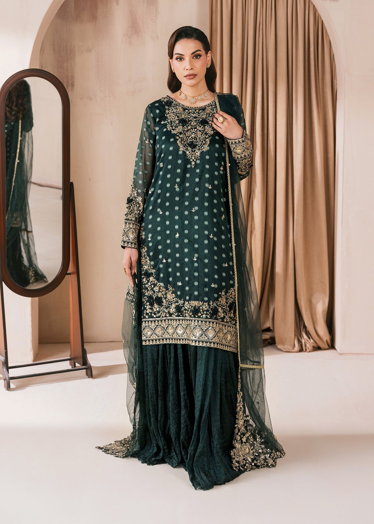 Pakistani Designer Emerald Organza Sharara Gharara Online in KSA Riyadh Saudi Arabia Oman Bahrain Qatar