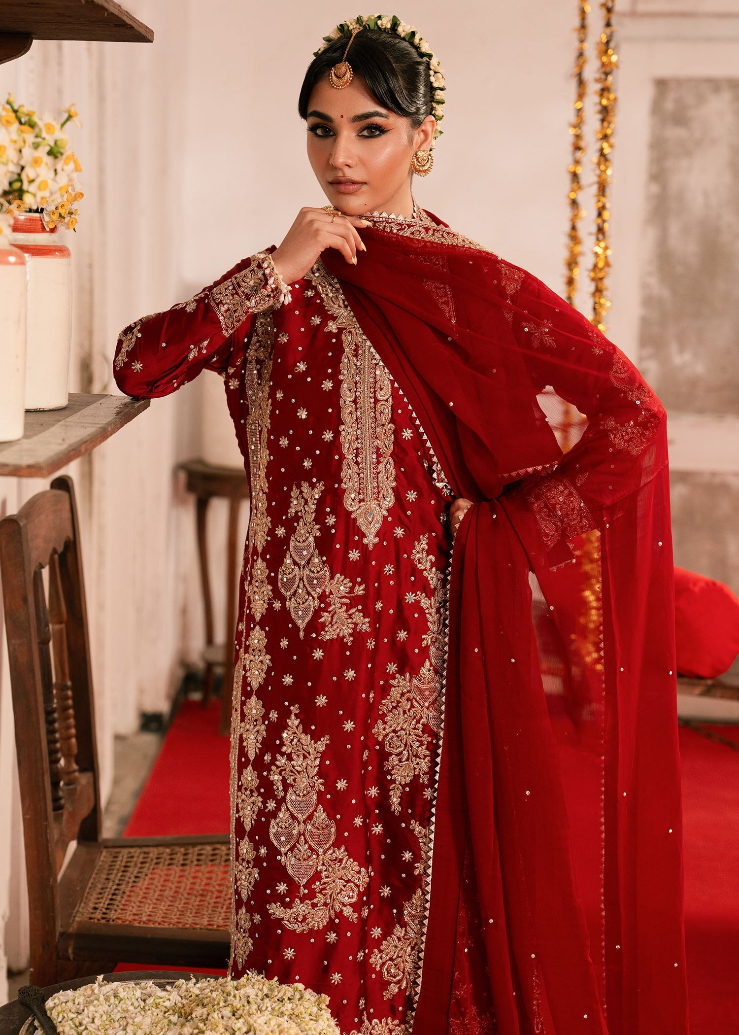 Pakistani Designer Fire Red Shamooz Salwar Kameez Online in KSA Riyadh Saudi Arabia Oman Bahrain Qatar