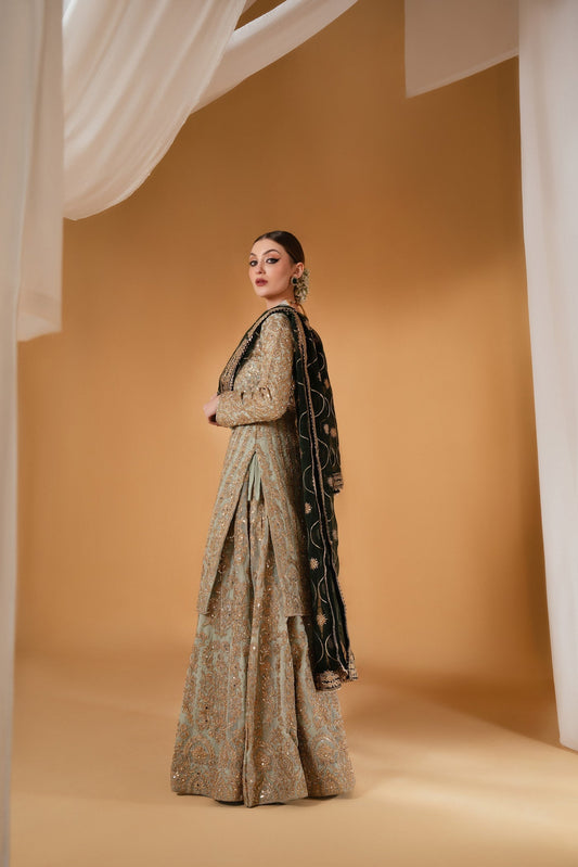 Pakistani Designer Frost Blue Chiffon Salwar Kameez Online in KSA Riyadh Saudi Arabia Oman Bahrain Qatar