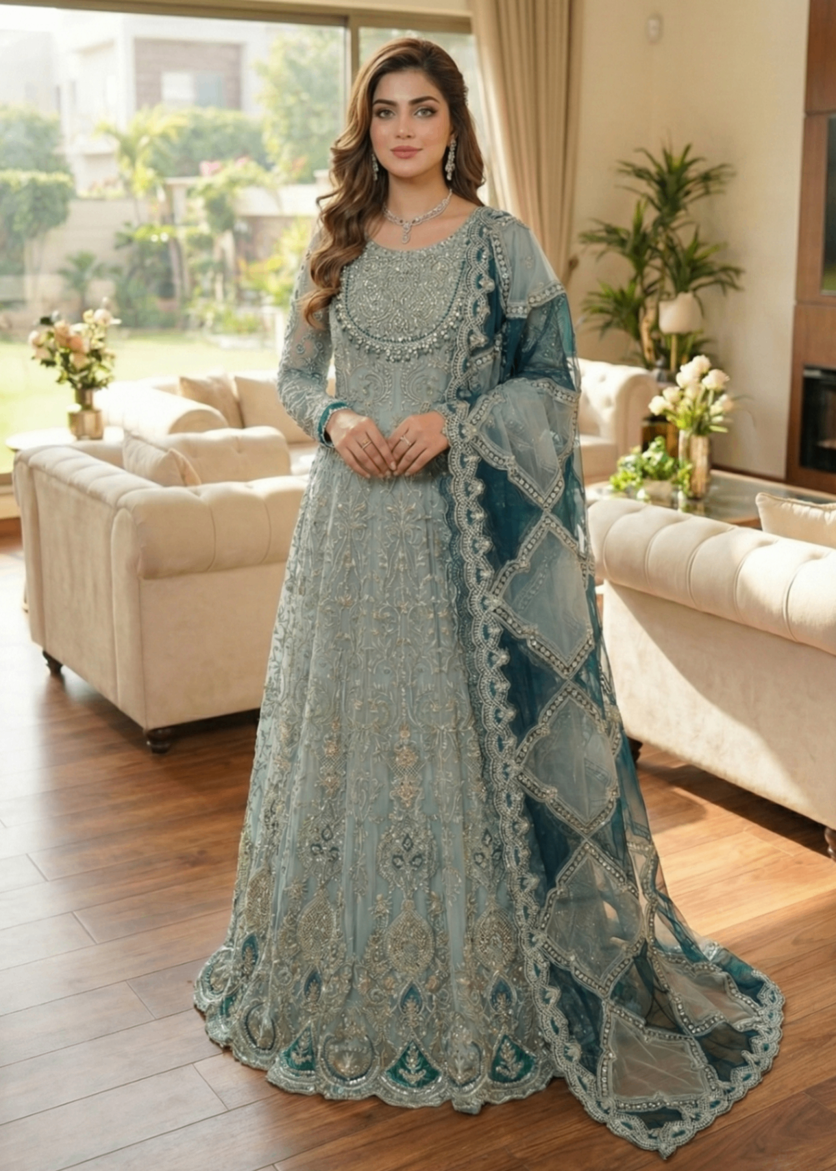 Pakistani Designer Frost Blue Embroidered Organza Salwar Kameez Online in KSA Riyadh Saudi Arabia Oman Bahrain Qatar