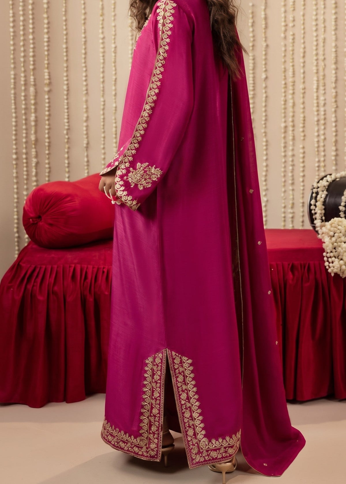 Pakistani Designer Fuchsia Raw Silk Kaftan Dress Online in KSA Riyadh Saudi Arabia Oman Bahrain Qatar