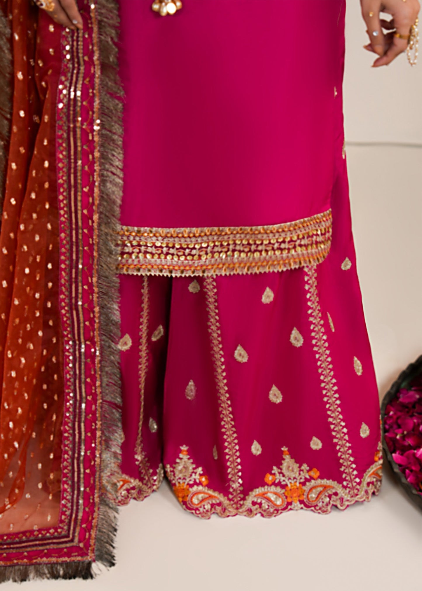 Pakistani Designer Fuchsia Raw Silk Sharara Gharara Online in KSA Riyadh Saudi Arabia Oman Bahrain Qatar