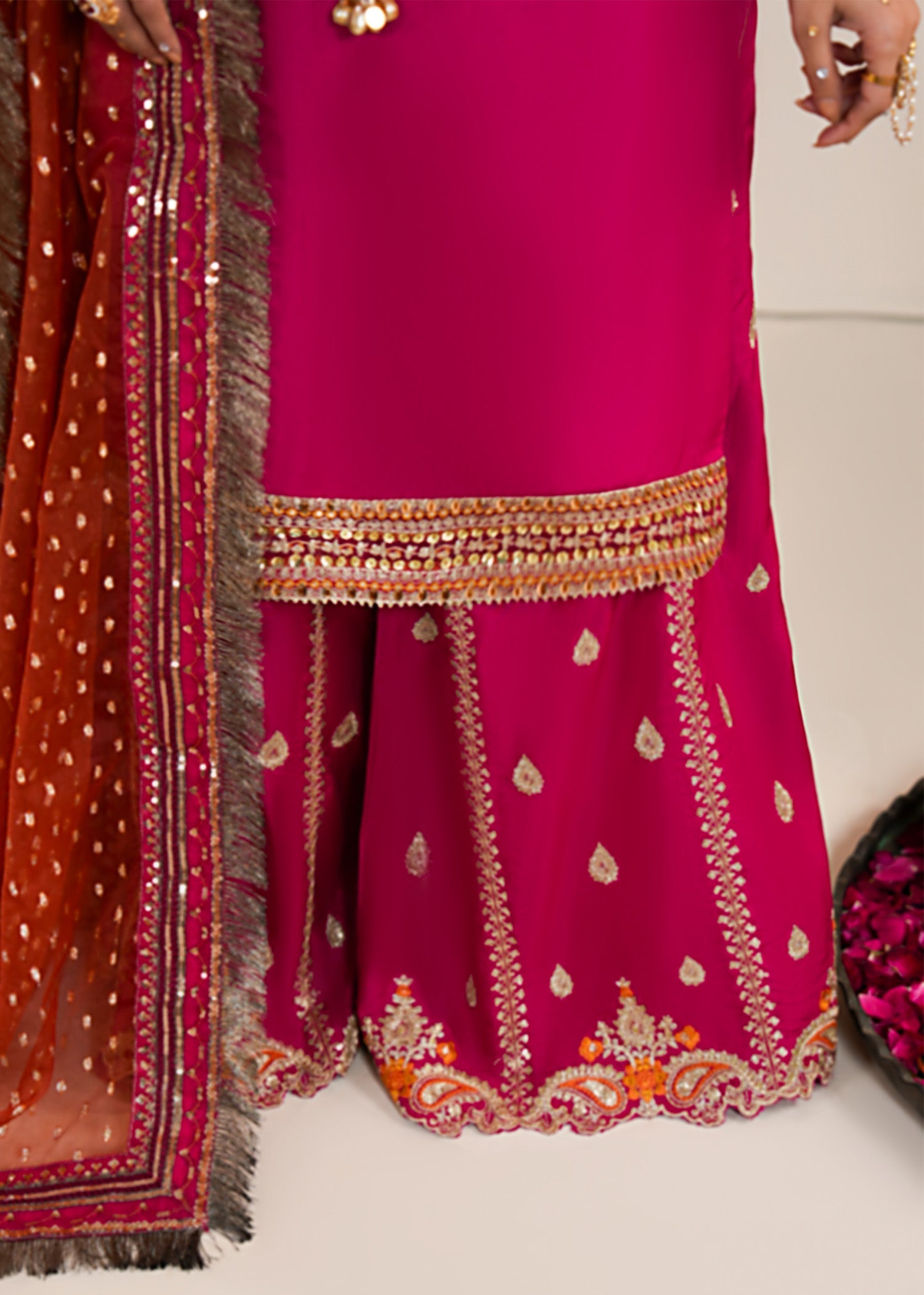 Pakistani Designer Fuchsia Raw Silk Sharara Gharara Online in KSA Riyadh Saudi Arabia Oman Bahrain Qatar