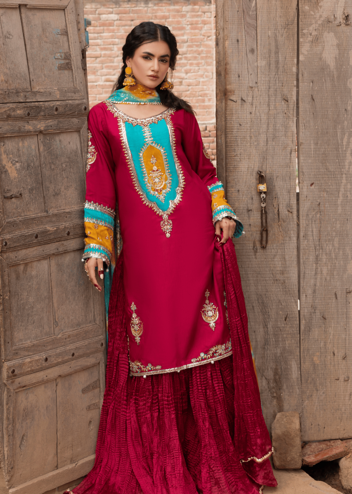 Pakistani Designer Fuchsia Silk Sharara Suit Online in KSA Riyadh Saudi Arabia Oman Bahrain Qatar