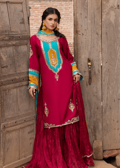 Pakistani Designer Fuchsia Silk Sharara Suit Online in KSA Riyadh Saudi Arabia Oman Bahrain Qatar