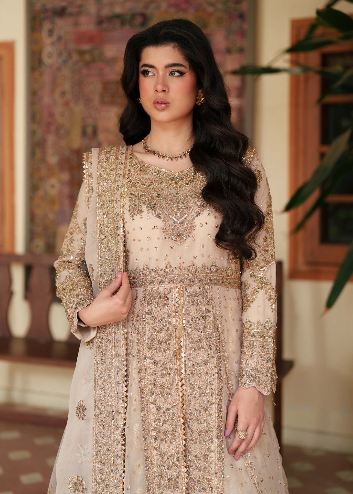 Pakistani Designer Gold Chiffon Salwar Kameez Online in KSA Riyadh Saudi Arabia Oman Bahrain Qatar