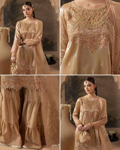 Pakistani Designer Gold Embroidered Silk Sharara Gharara Online in KSA Riyadh Saudi Arabia Oman Bahrain Qatar