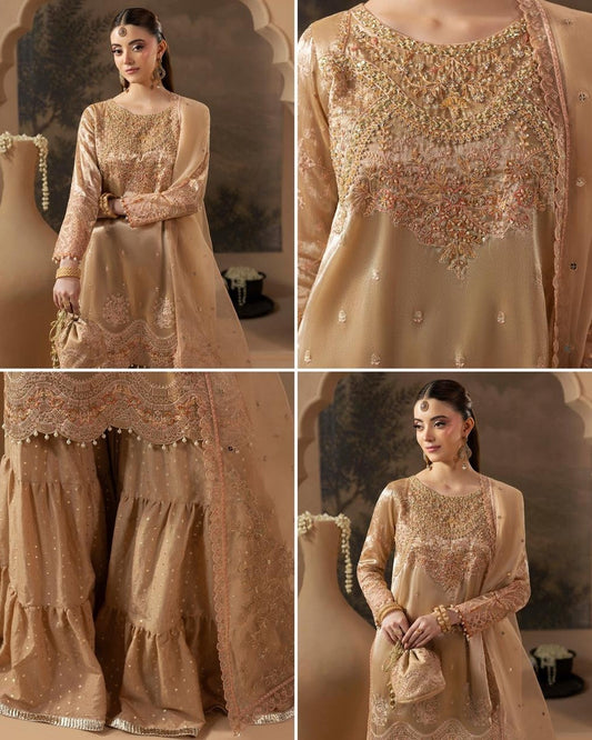 Pakistani Designer Gold Embroidered Silk Sharara Gharara Online in KSA Riyadh Saudi Arabia Oman Bahrain Qatar