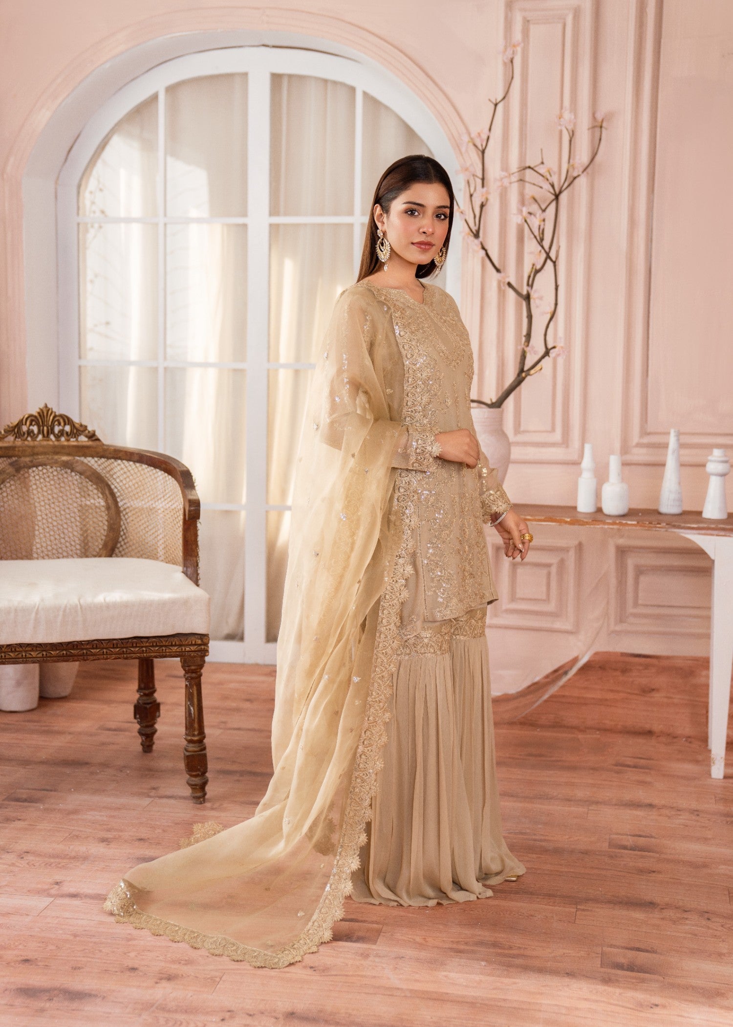 Pakistani Designer Gold Gharara Salwar Kameez Online in KSA Riyadh Saudi Arabia Oman Bahrain Qatar