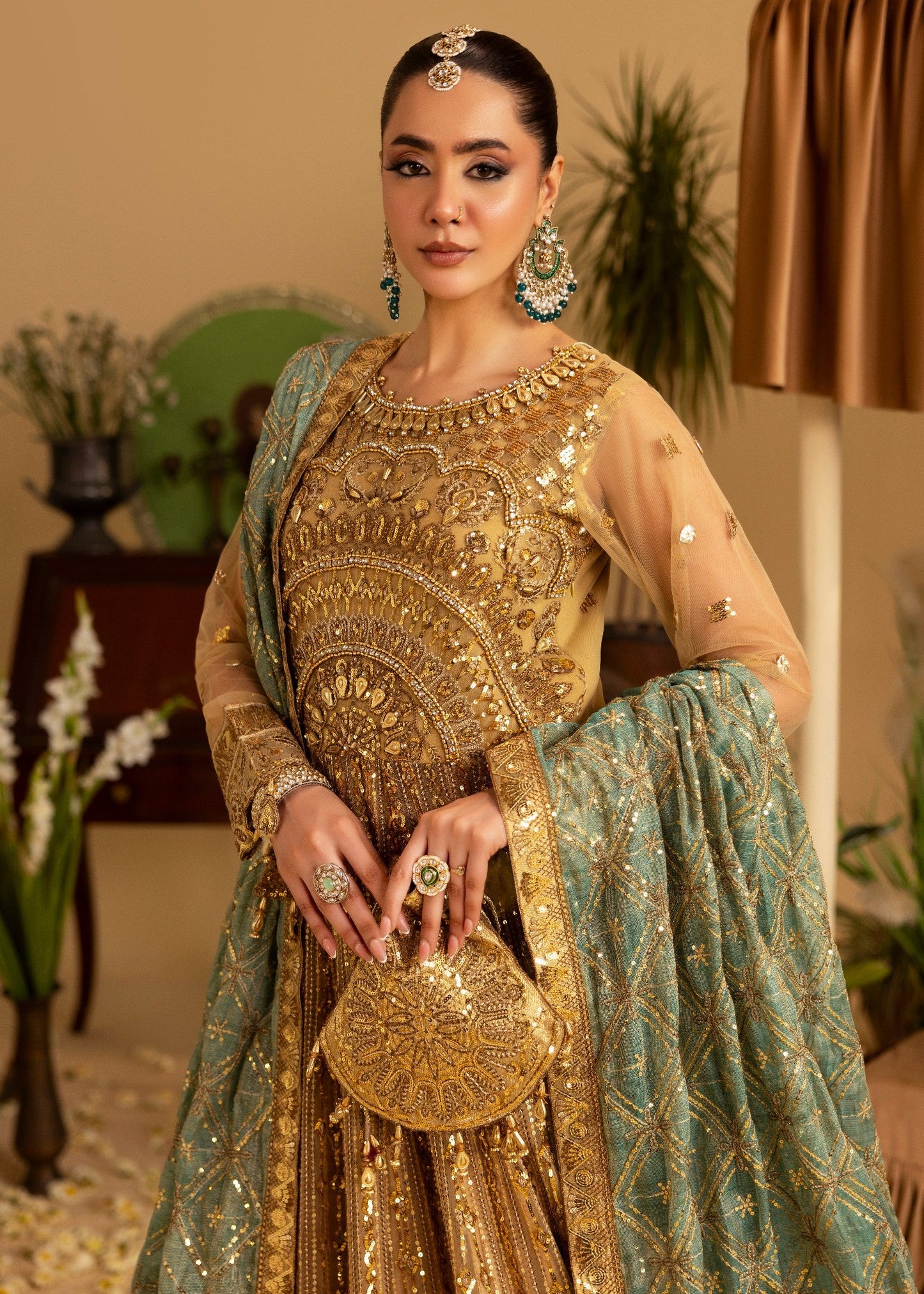 Pakistani Designer Gold Net Embellished Salwar Kameez Online in KSA Riyadh Saudi Arabia Oman Bahrain Qatar