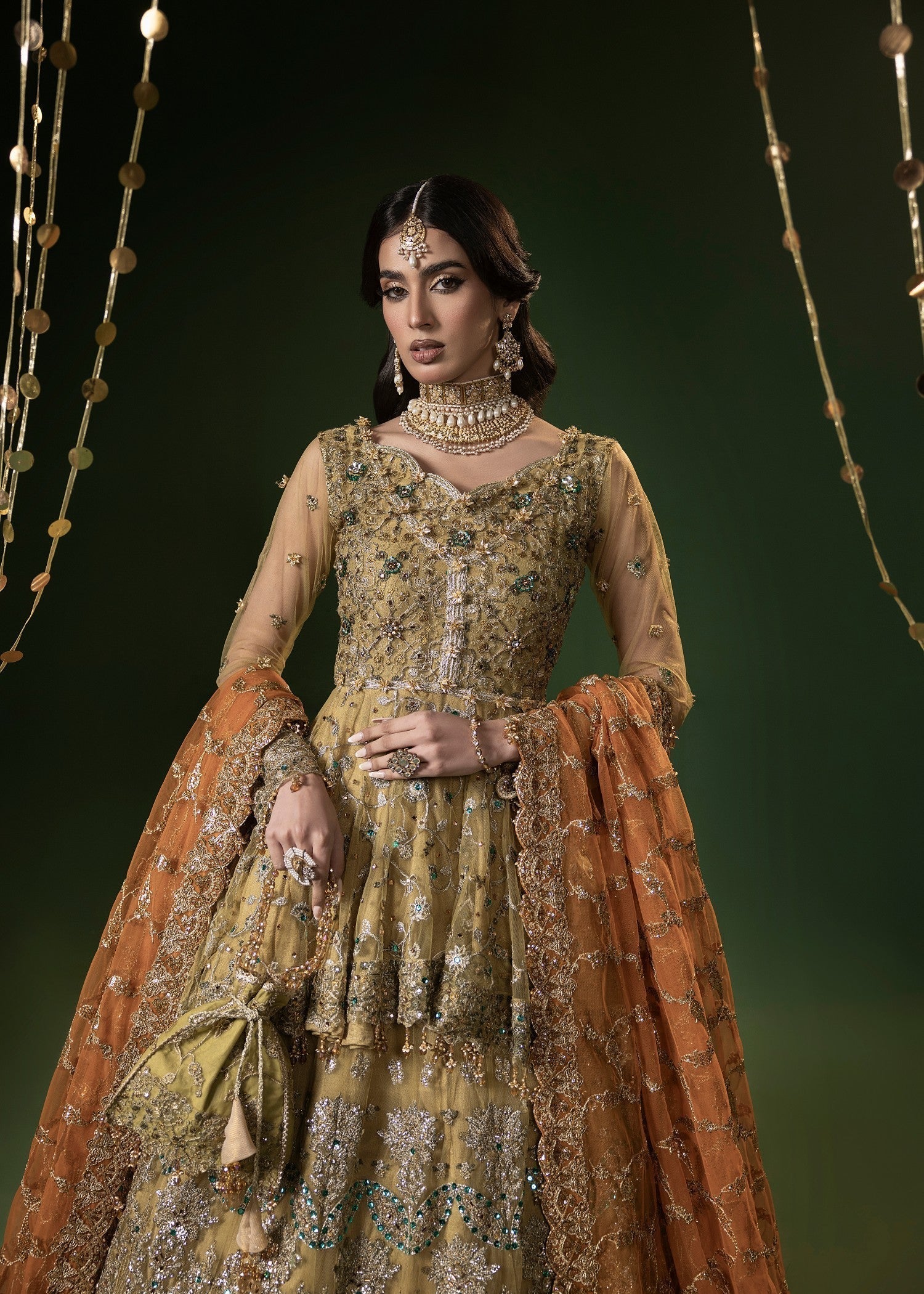 Pakistani Designer Gold Net Lehenga Choli Online in KSA Riyadh Saudi Arabia Oman Bahrain Qatar