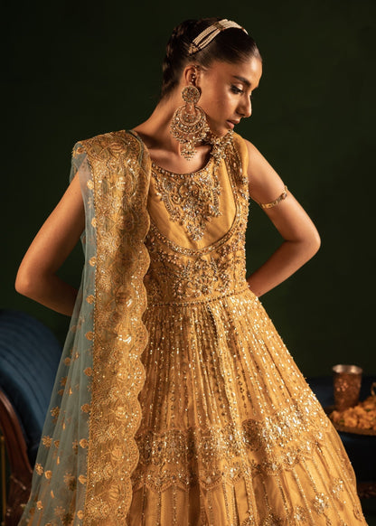 Pakistani Designer Gold Net Salwar Kameez Online in KSA Riyadh Saudi Arabia Oman Bahrain Qatar