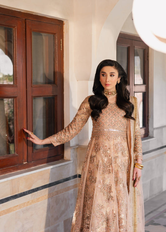 Pakistani Designer Gold Net Salwar Kameez Online in KSA Riyadh Saudi Arabia Oman Bahrain Qatar