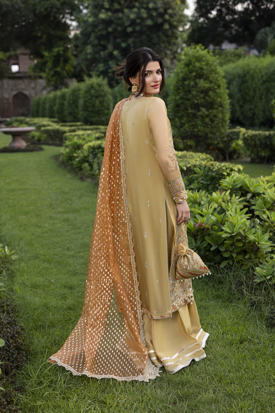 Pakistani Designer Gold Organza Sharara Gharara Online in KSA Riyadh Saudi Arabia Oman Bahrain Qatar