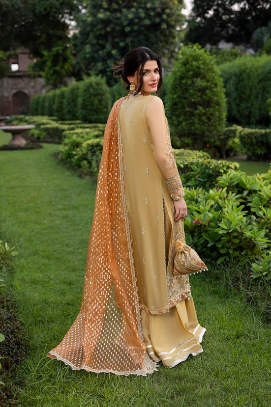 Pakistani Designer Gold Organza Sharara Gharara Online in KSA Riyadh Saudi Arabia Oman Bahrain Qatar