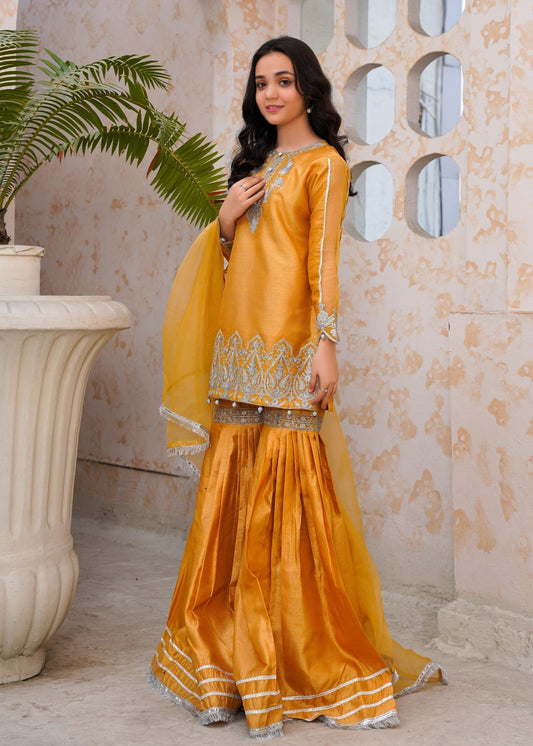 Pakistani Designer Gold Raw Silk Gharara Set Online in KSA Riyadh Saudi Arabia Oman Bahrain Qatar