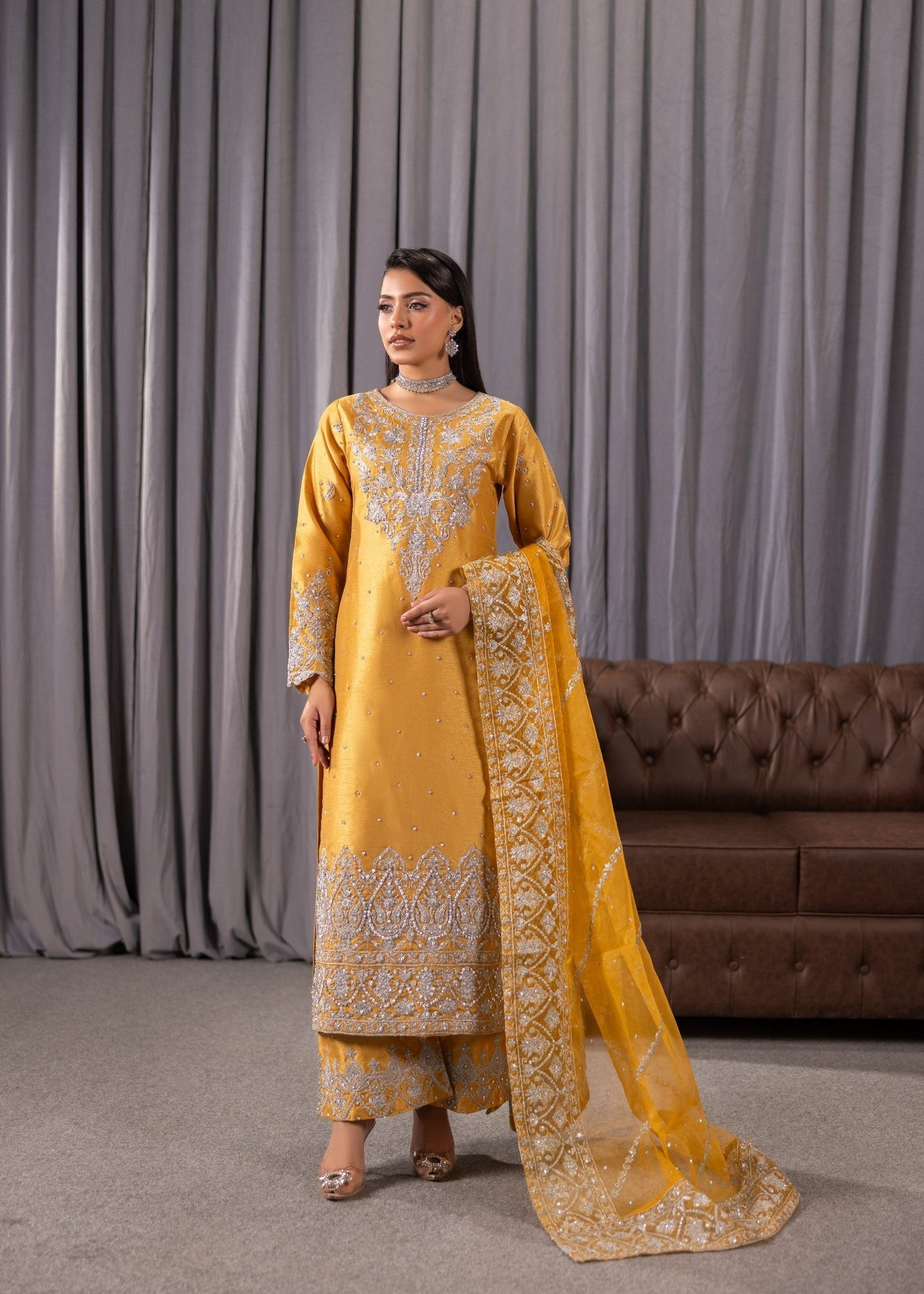 Pakistani Designer Gold Raw Silk Salwar Kameez Online in KSA Riyadh Saudi Arabia Oman Bahrain Qatar
