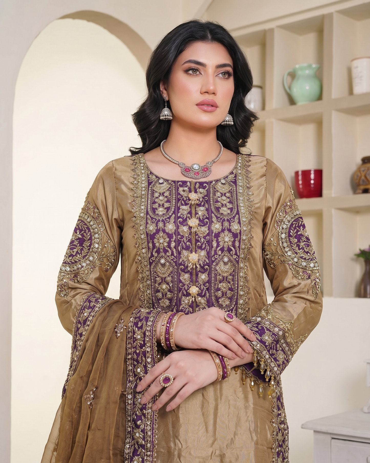 Pakistani Designer Gold Silk Salwar Kameez Online in KSA Riyadh Saudi Arabia Oman Bahrain Qatar