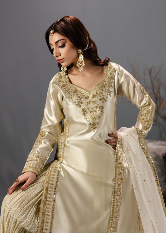 Pakistani Designer Gold Tissue Embroidered Suit Online in KSA Riyadh Saudi Arabia Oman Bahrain Qatar