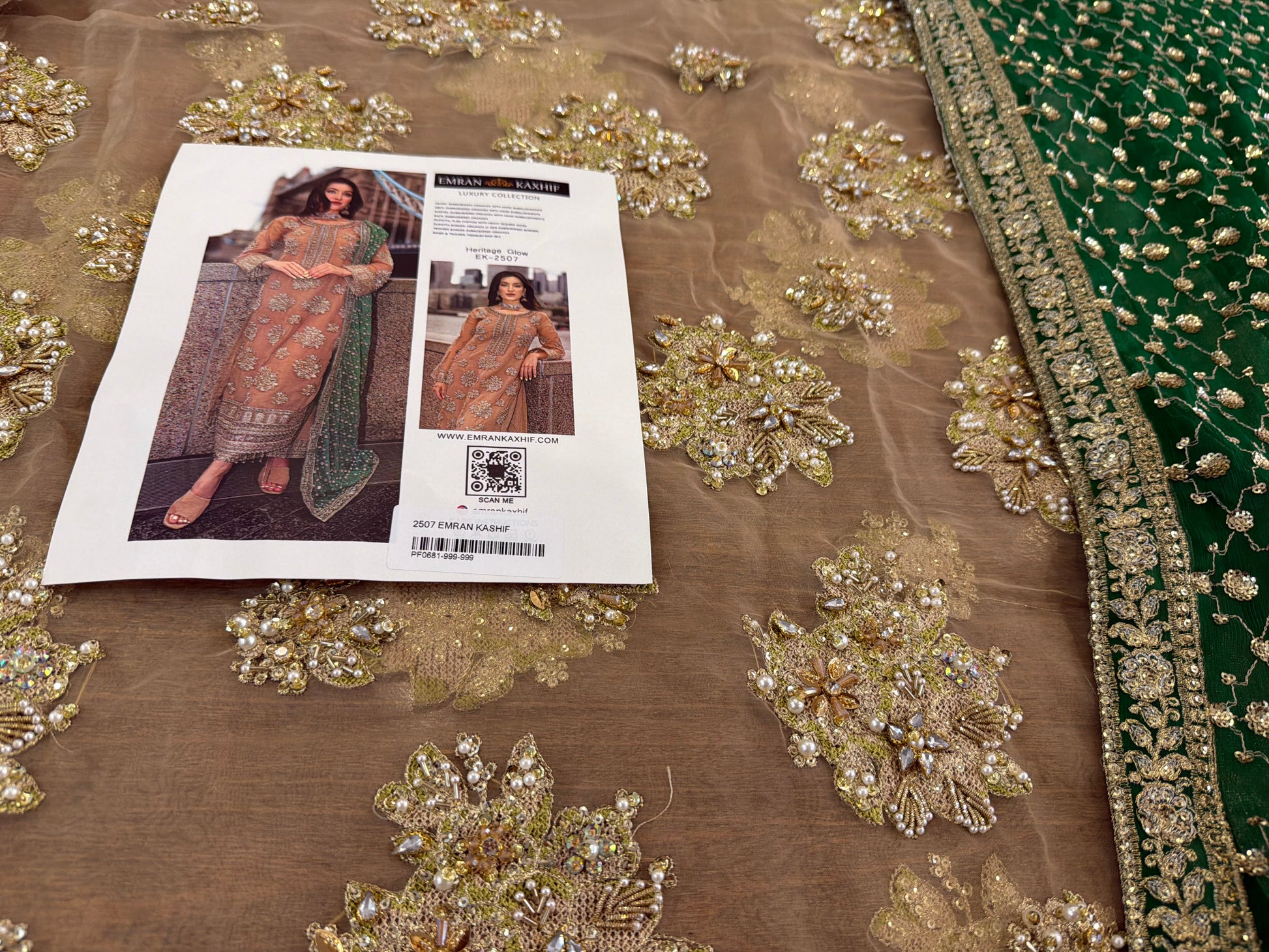 Pakistani Designer Golden-Beige Embroidered Chiffon Salwar Kameez Online in KSA Riyadh Saudi Arabia Oman Bahrain Qatar