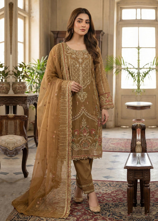 Pakistani Designer Golden Brown Organza Salwar Kameez Online in KSA Riyadh Saudi Arabia Oman Bahrain Qatar