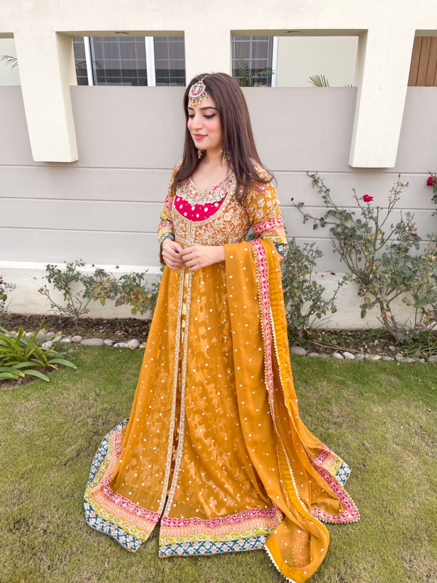Pakistani Designer Golden Orange Chiffon Salwar Kameez Online in KSA Riyadh Saudi Arabia Oman Bahrain Qatar
