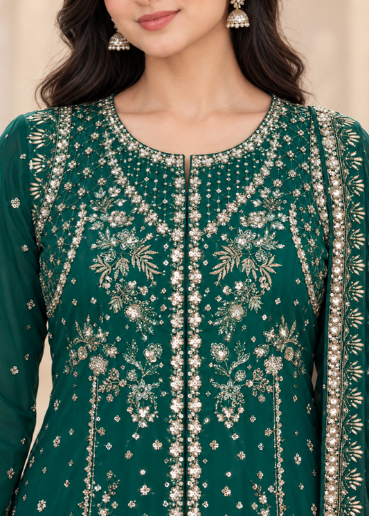 Pakistani Designer Green Chiffon Gharara Online in KSA Riyadh Saudi Arabia Oman Bahrain Qatar