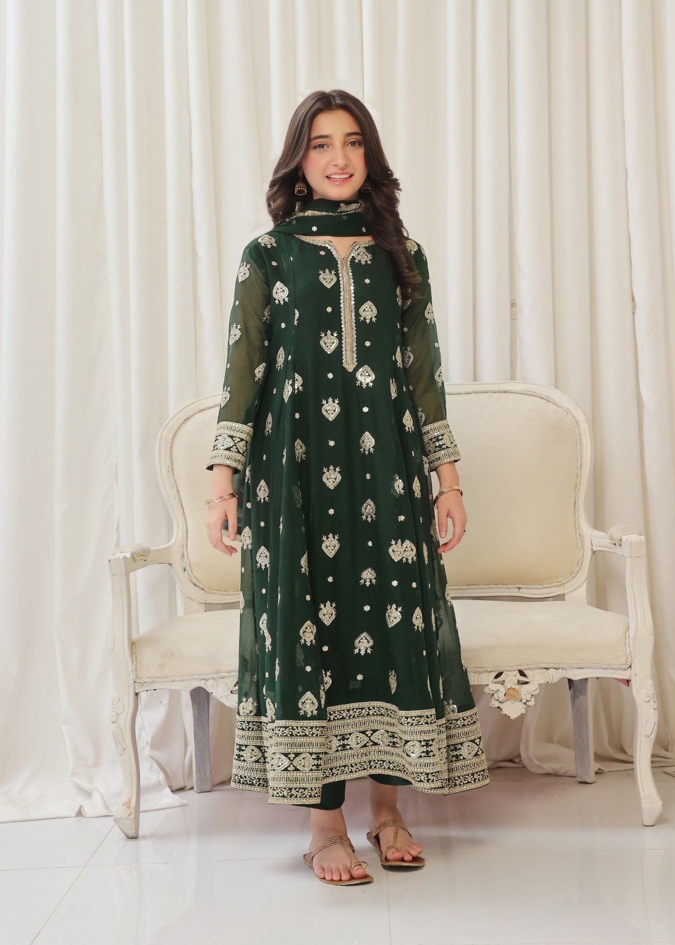 Pakistani Designer Green Chiffon Pishwas Salwar Kameez Online in KSA Riyadh Saudi Arabia Oman Bahrain Qatar