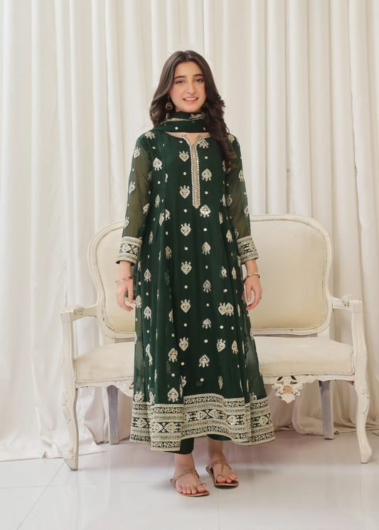 Pakistani Designer Green Chiffon Pishwas Salwar Kameez Online in KSA Riyadh Saudi Arabia Oman Bahrain Qatar
