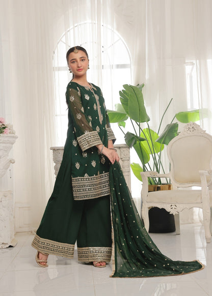 Pakistani Designer Green Chiffon Salwar Kameez Online in KSA Riyadh Saudi Arabia Oman Bahrain Qatar