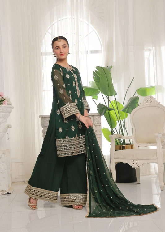Pakistani Designer Green Chiffon Salwar Kameez Online in KSA Riyadh Saudi Arabia Oman Bahrain Qatar