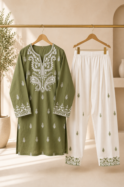 Pakistani Designer Green Cotton Embroidered Shalwar Kameez Online in KSA Riyadh Saudi Arabia Oman Bahrain Qatar