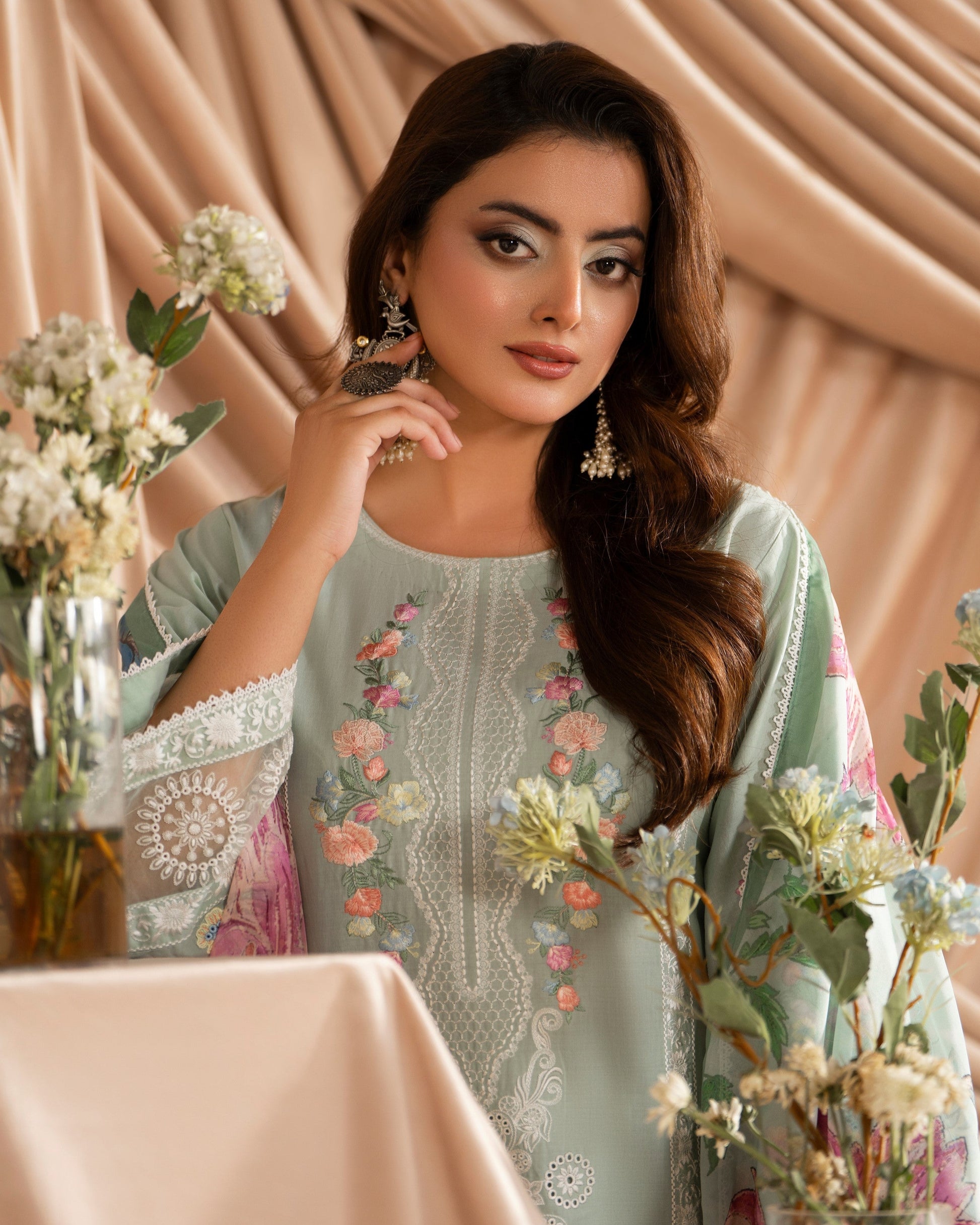 Pakistani Designer Green Cotton Embroidered Suit Online in Sri Lanka India Australia