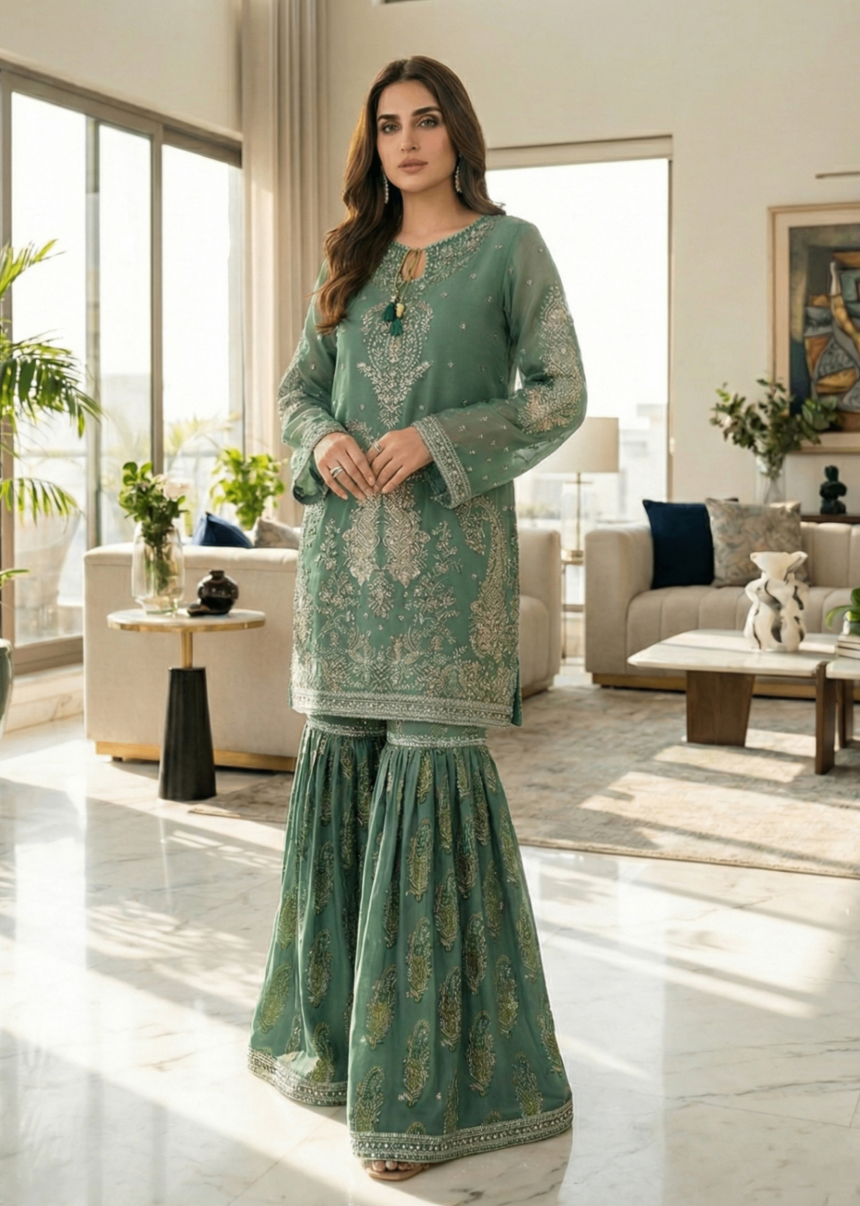 Pakistani Designer Green Embroidered Gharara Suit Online in KSA Riyadh Saudi Arabia Oman Bahrain Qatar