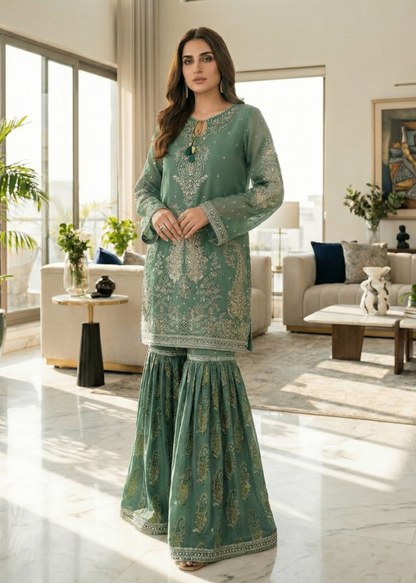 Pakistani Designer Green Embroidered Gharara Suit Online in KSA Riyadh Saudi Arabia Oman Bahrain Qatar
