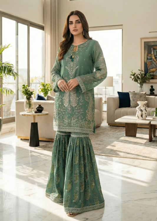 Pakistani Designer Green Embroidered Gharara Suit Online in KSA Riyadh Saudi Arabia Oman Bahrain Qatar