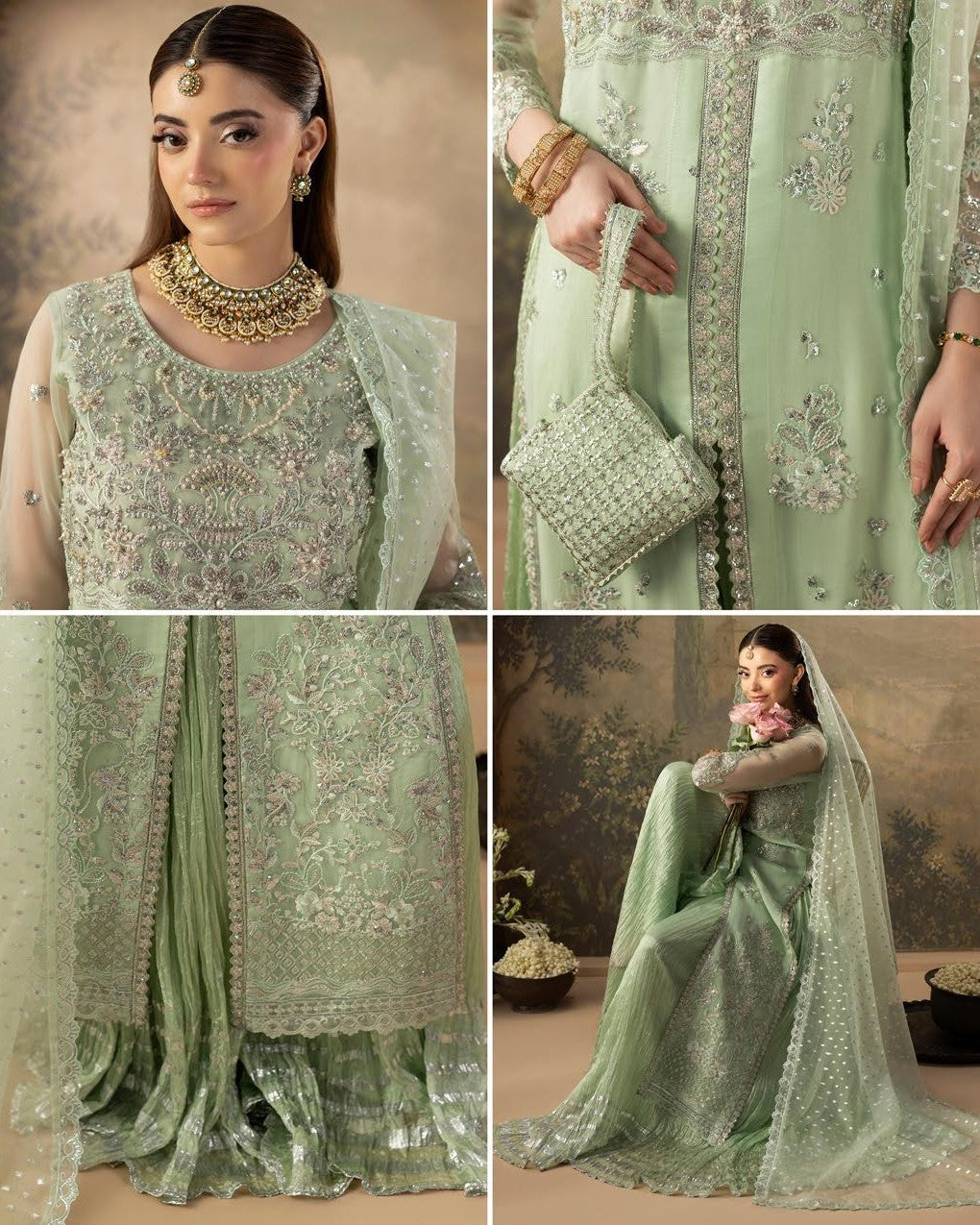 Pakistani Designer Green Embroidered Silk Sharara Gharara Online in KSA Riyadh Saudi Arabia Oman Bahrain Qatar