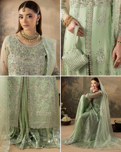 Pakistani Designer Green Embroidered Silk Sharara Gharara Online in KSA Riyadh Saudi Arabia Oman Bahrain Qatar