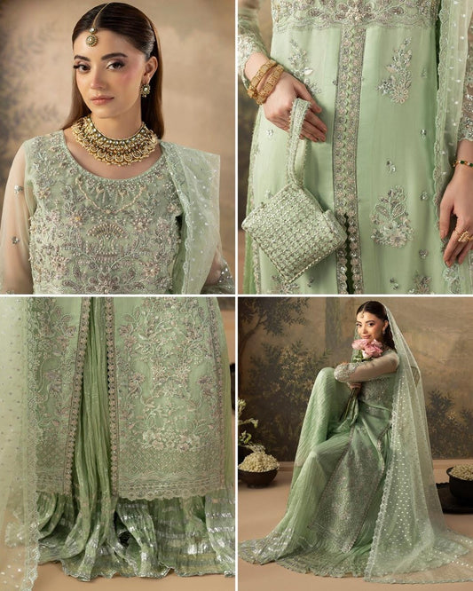 Pakistani Designer Green Embroidered Silk Sharara Gharara Online in KSA Riyadh Saudi Arabia Oman Bahrain Qatar